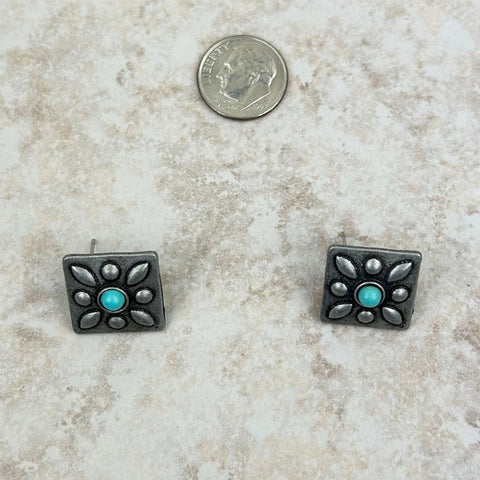 Small silver with blue turquoise stone square concho earring