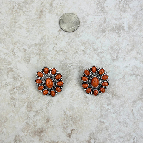 Silver and blue turquoise floral concho post Earring