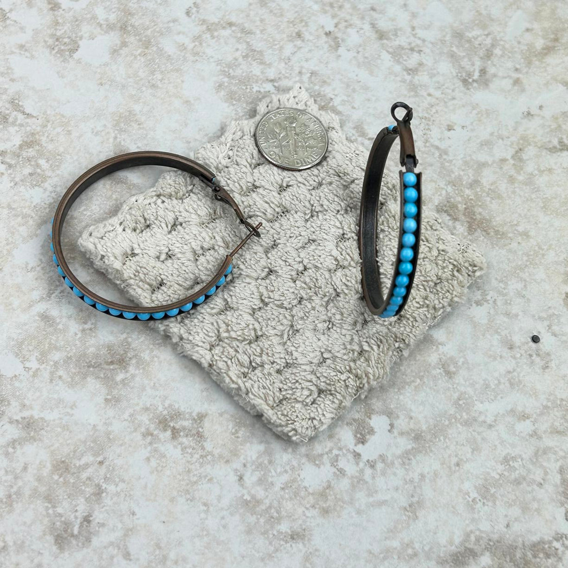 Silver With Blue Turquoise Stones Hoop Earrings