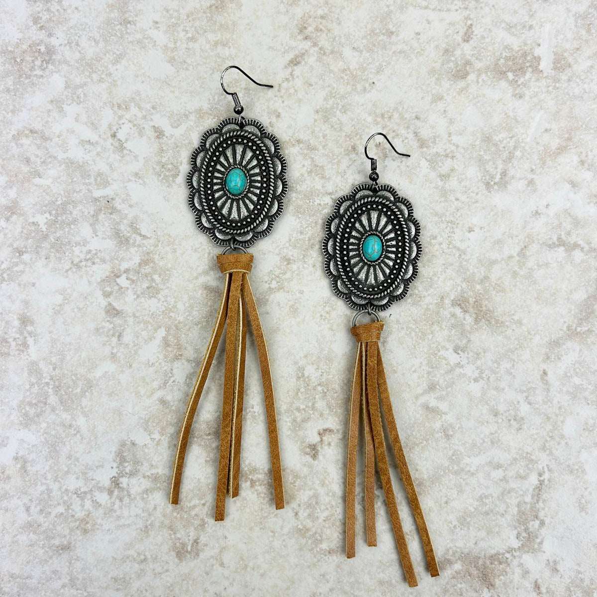 Silver with white stone concho dark brown tassel Earrings