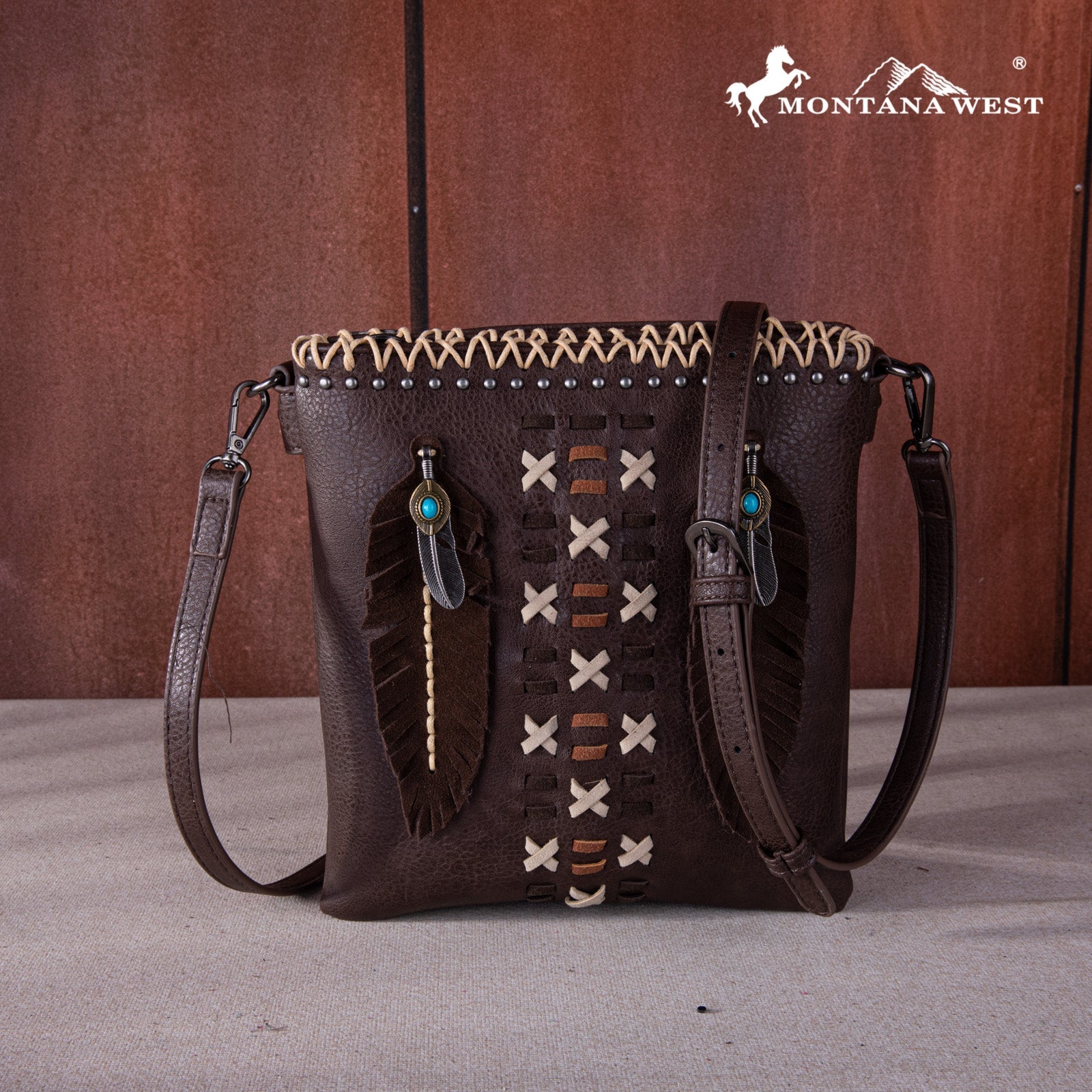 Montana West Concho Feather Whipstitch Crossbody Bag - Montana West World