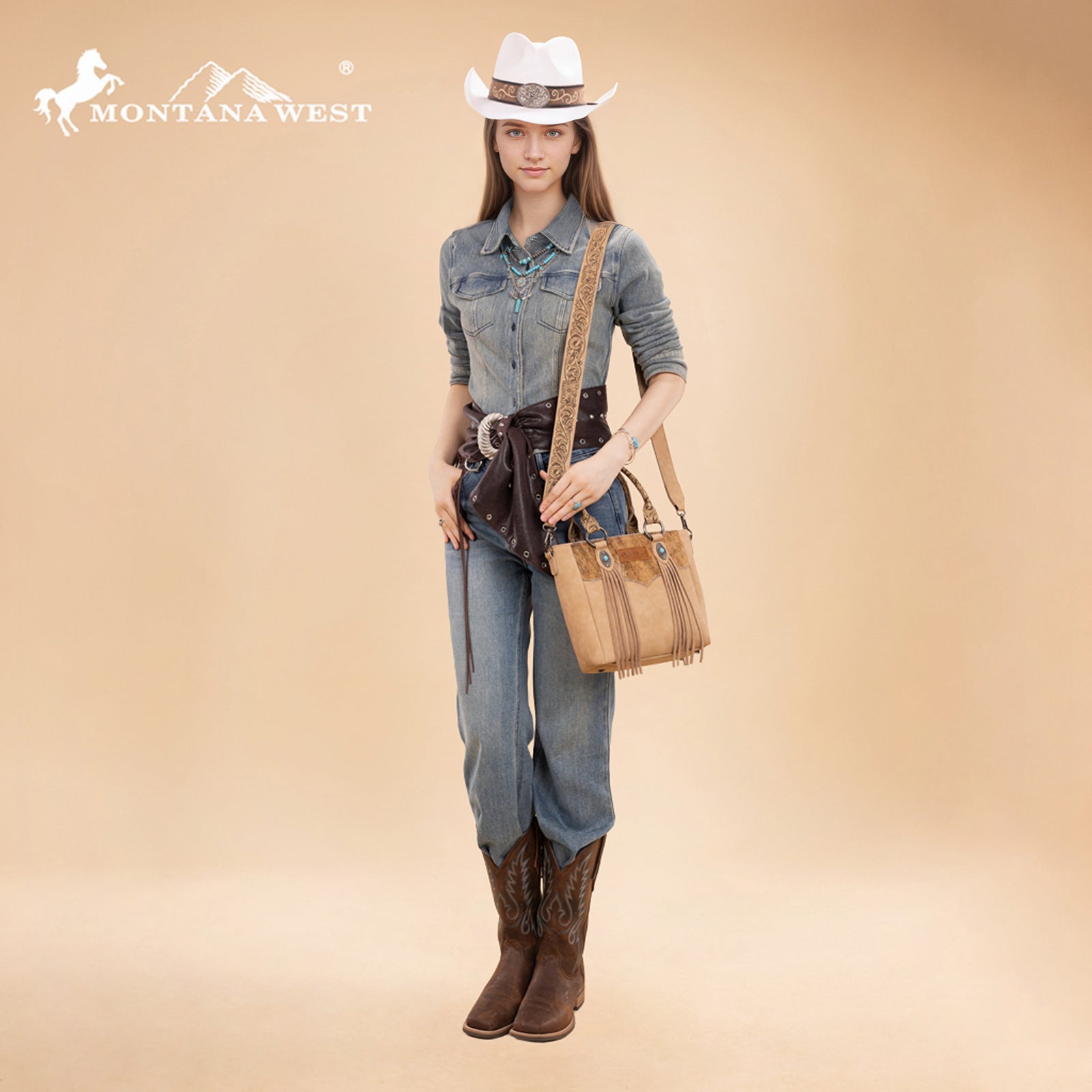 Montana West Hair-On Hide Concealed Carry Tote Bag with Tooled Strap - Beige)