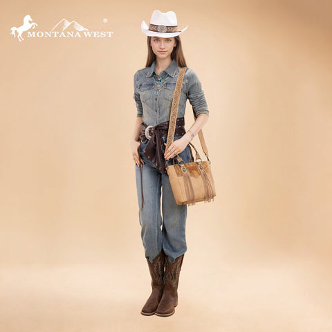 Montana West Hair-On Hide Concealed Carry Tote Bag with Tooled Strap - Beige)