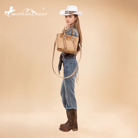Montana West Hair-On Hide Concealed Carry Tote Bag with Tooled Strap - Beige)
