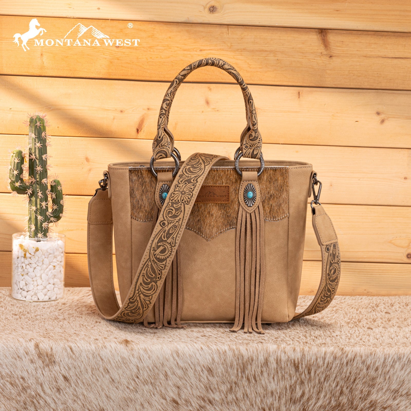 Montana West Hair-On Hide Concealed Carry Tote Bag with Tooled Strap - Beige)