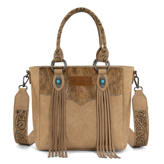 Montana West Hair-On Hide Concealed Carry Tote Bag with Tooled Strap - Beige)