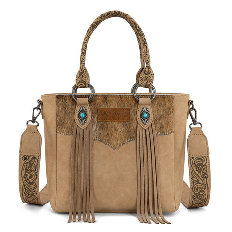 Montana West Hair-On Hide Concealed Carry Tote Bag with Tooled Strap - Beige)