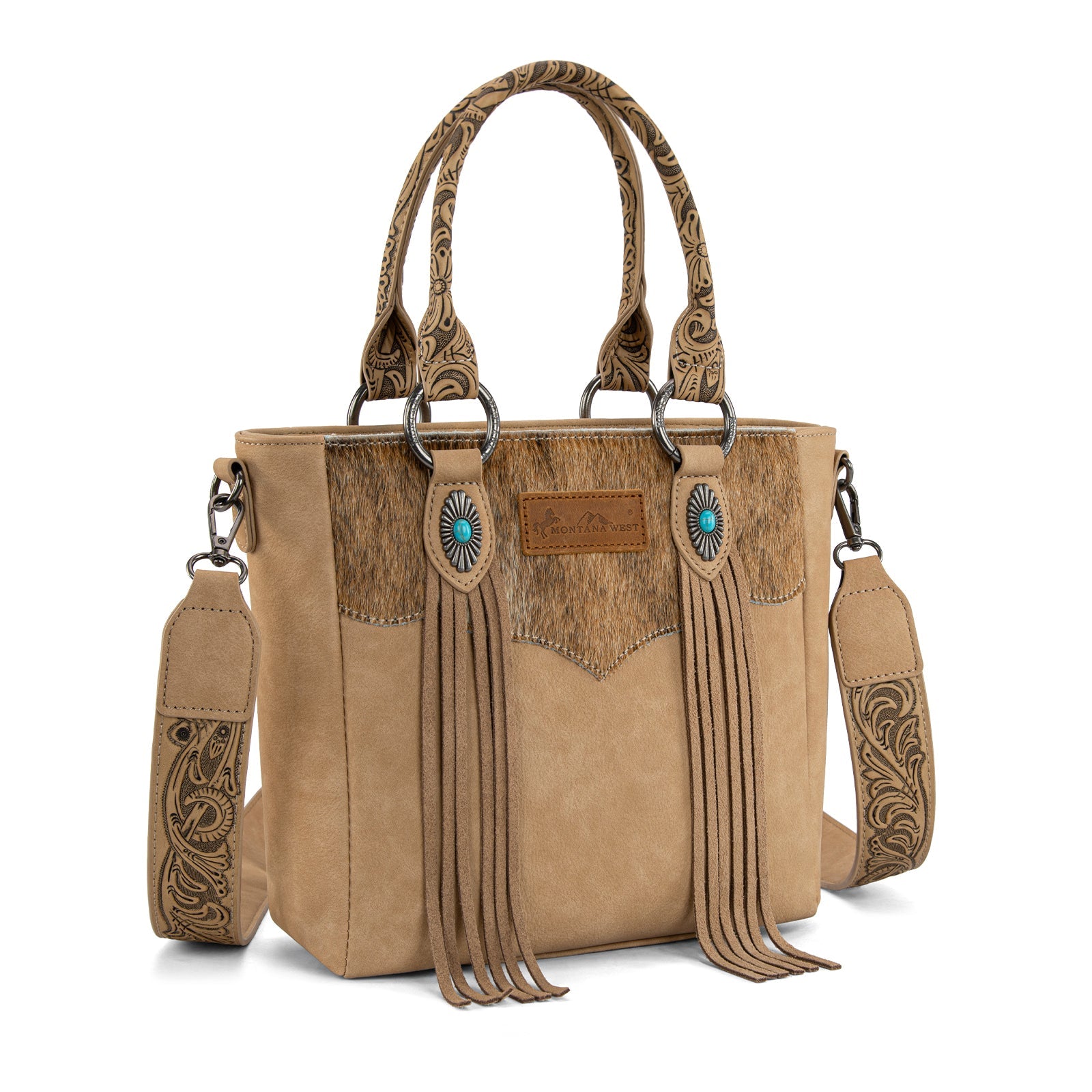 Montana West Hair-On Hide Concealed Carry Tote Bag with Tooled Strap - Beige)