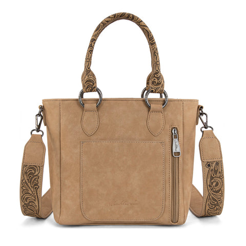 Montana West Hair-On Hide Concealed Carry Tote Bag with Tooled Strap - Beige)