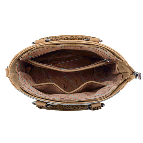 Montana West Hair-On Hide Concealed Carry Tote Bag with Tooled Strap - Beige)