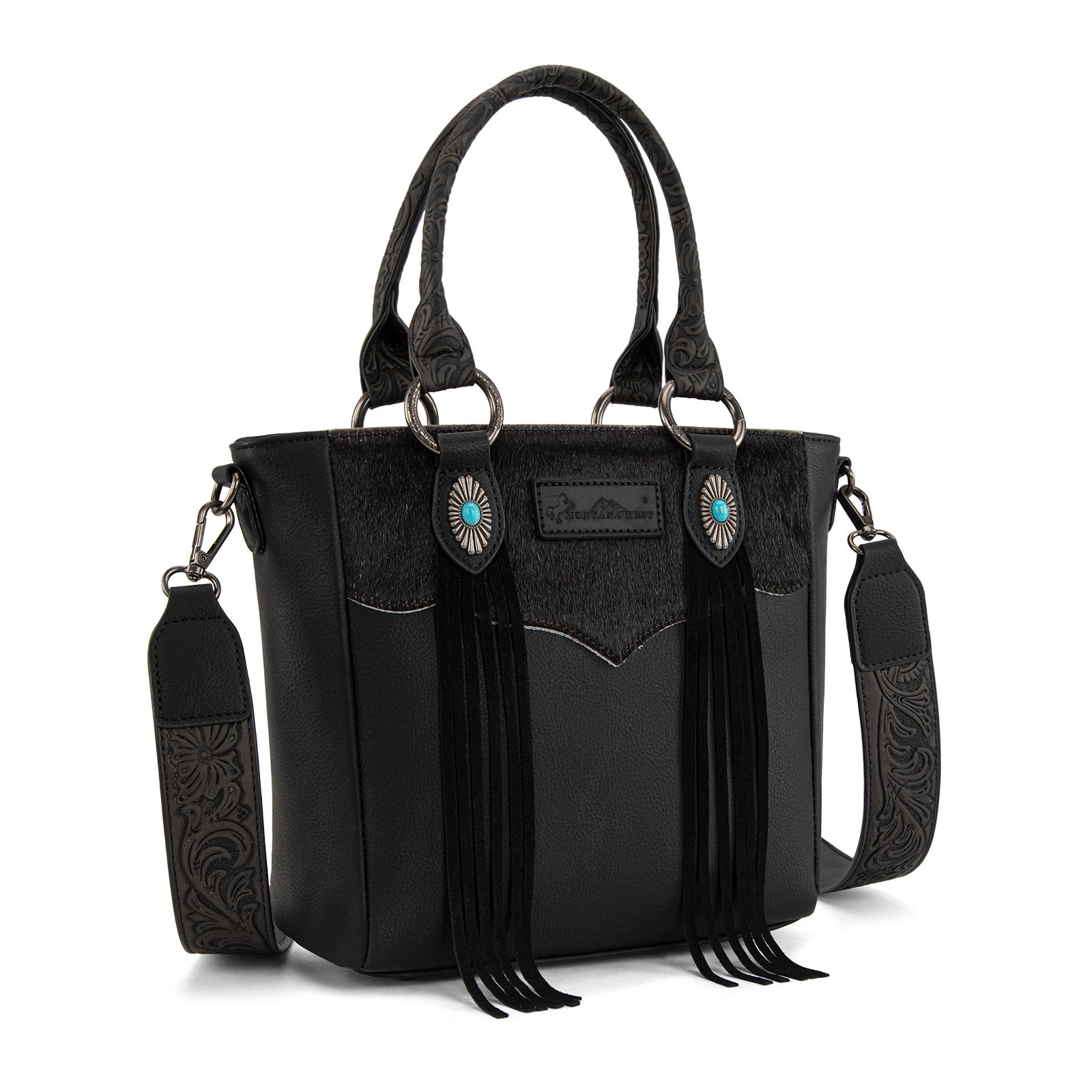 Montana West Hair-On Hide Concealed Carry Tote Bag with Tooled Strap - Beige)