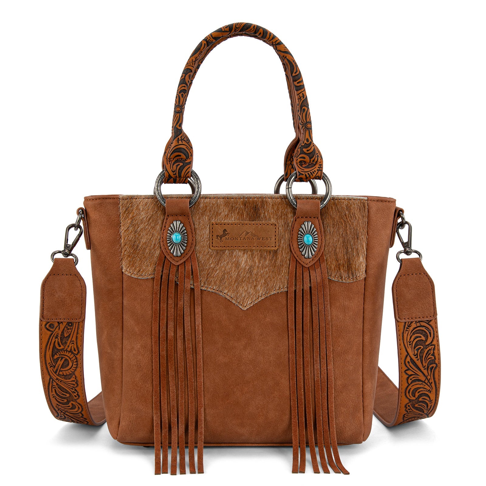 Montana West Hair-On Hide Concealed Carry Tote Bag with Tooled Strap - Beige)
