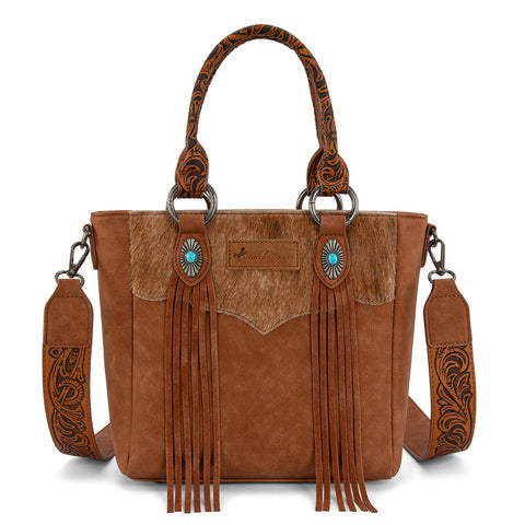 Montana West Hair-On Hide Concealed Carry Tote Bag with Tooled Strap - Beige)