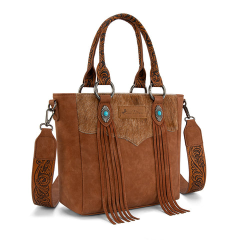Montana West Hair-On Hide Concealed Carry Tote Bag with Tooled Strap - Beige)