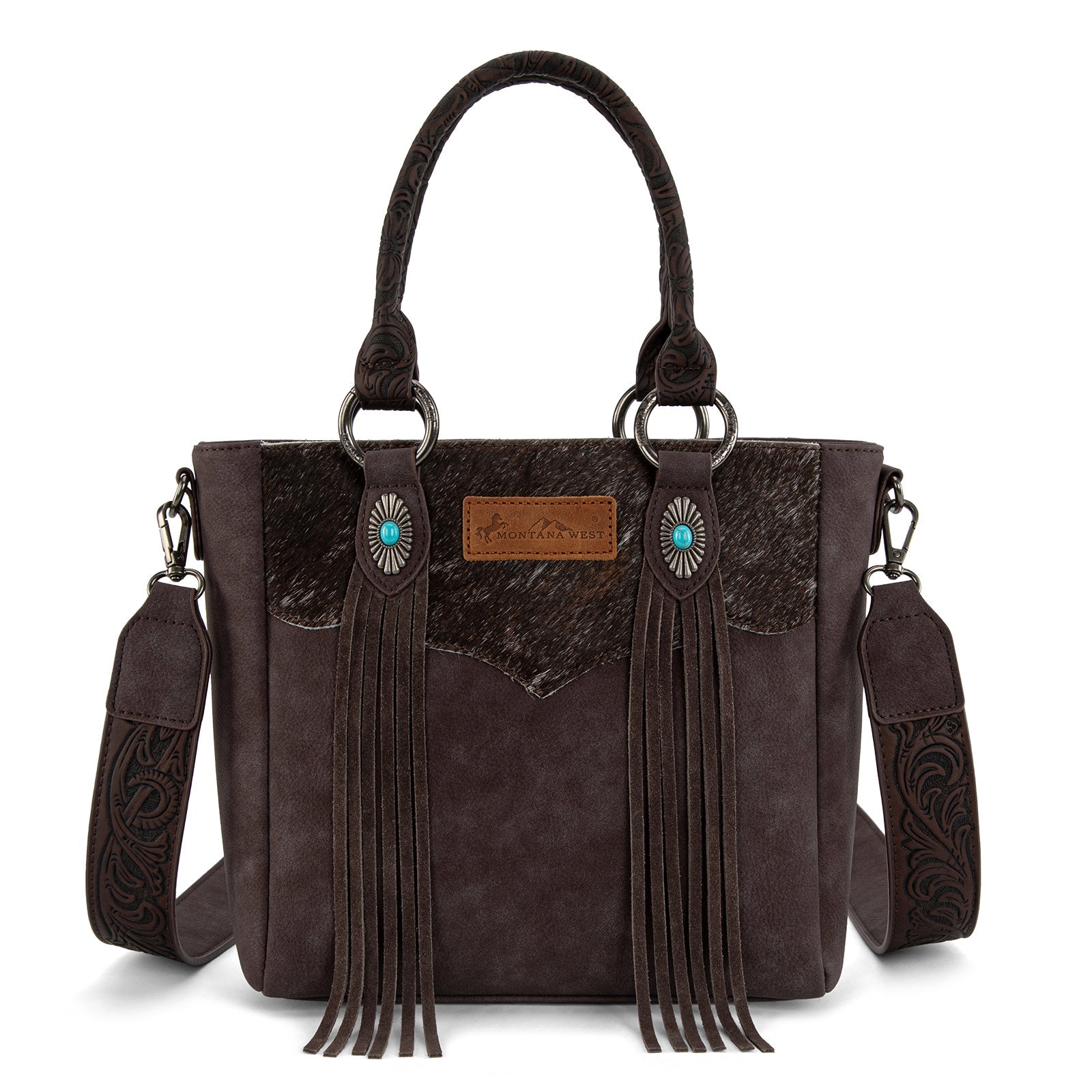 Montana West Hair-On Hide Concealed Carry Tote Bag with Tooled Strap - Beige)