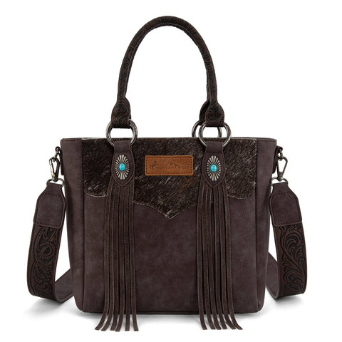 Montana West Hair-On Hide Concealed Carry Tote Bag with Tooled Strap - Beige)