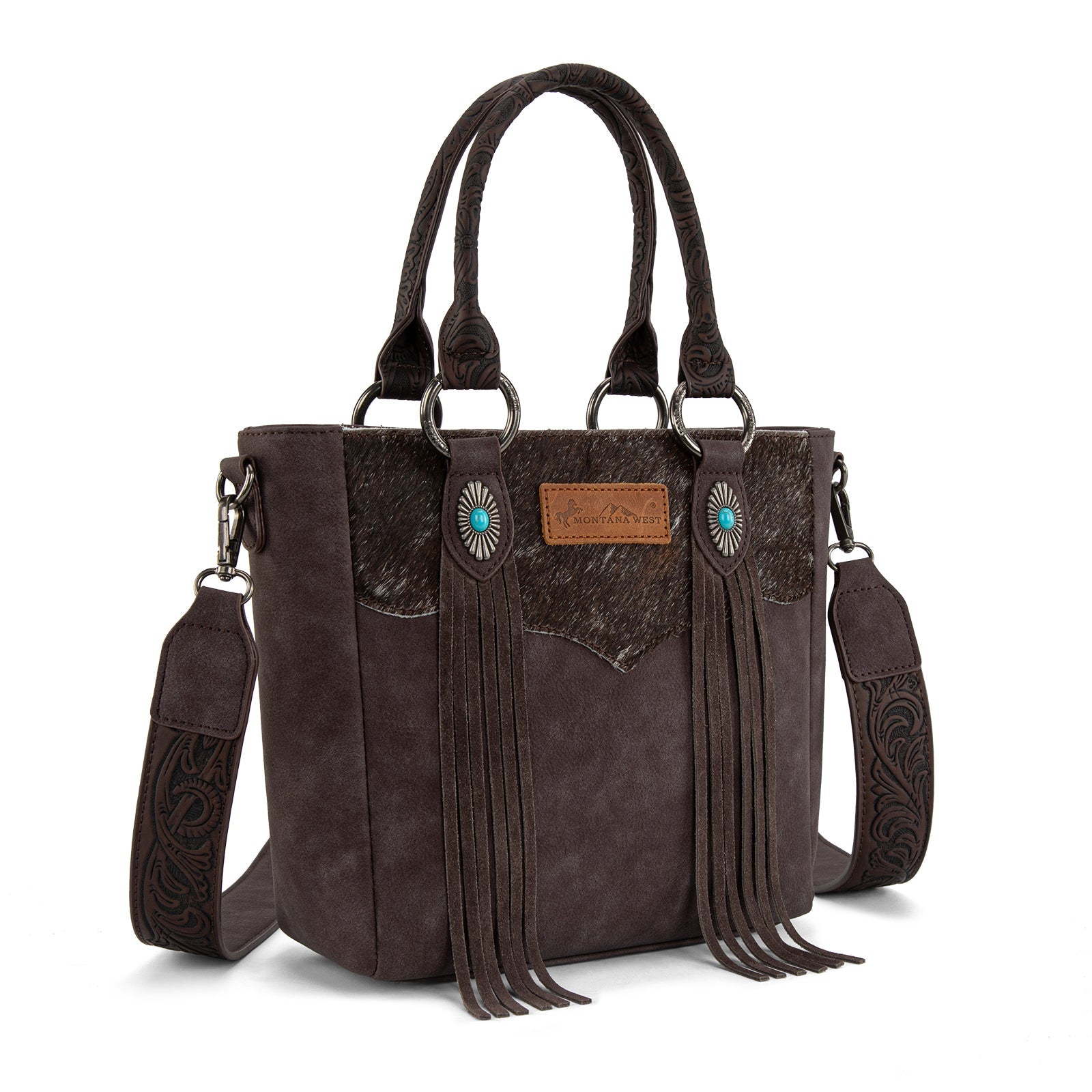 Montana West Hair-On Hide Concealed Carry Tote Bag with Tooled Strap - Beige)