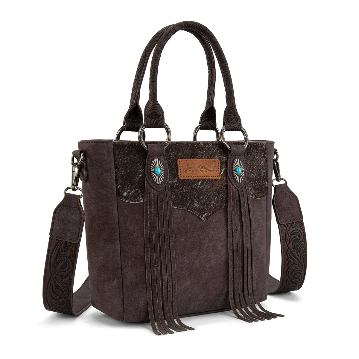 Montana West Hair-On Hide Concealed Carry Tote Bag with Tooled Strap - Beige)