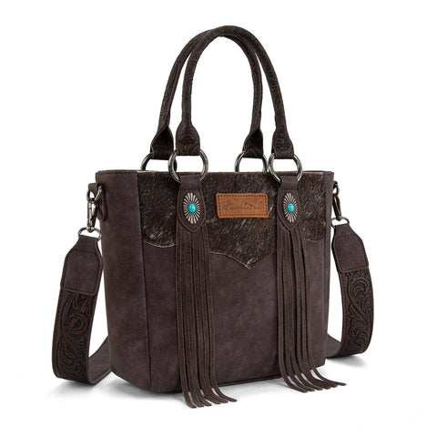 Montana West Hair-On Hide Concealed Carry Tote Bag with Tooled Strap - Beige)