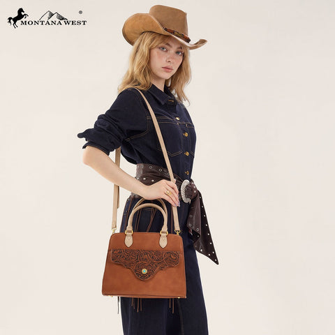 Montana West Western Tooled Floral Concealed Carry Satchel Bag/Crossbody
