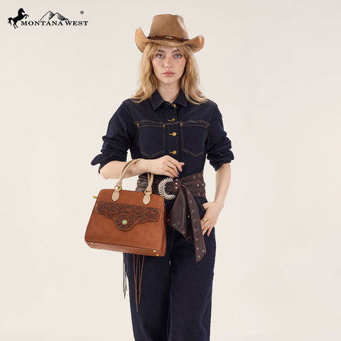 Montana West Western Tooled Floral Concealed Carry Satchel Bag/Crossbody