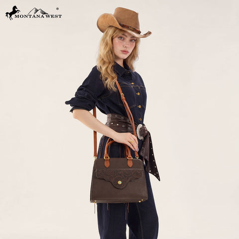 Montana West Western Tooled Floral Concealed Carry Satchel Bag/Crossbody