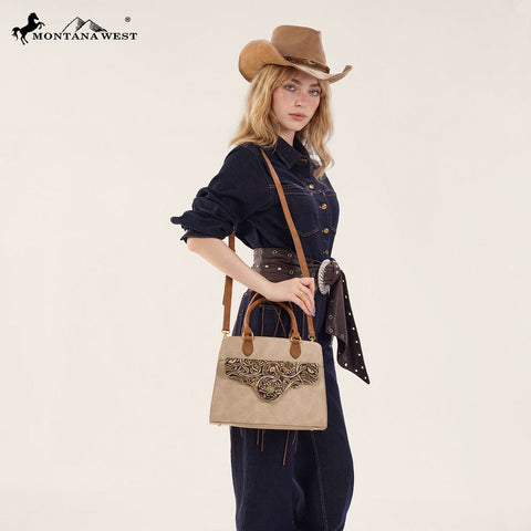 Montana West Western Tooled Floral Concealed Carry Satchel Bag/Crossbody