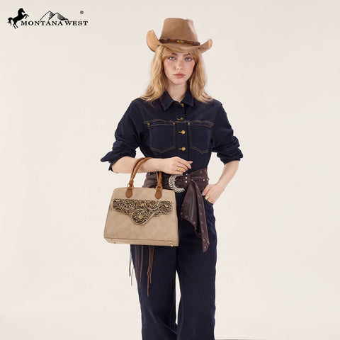 Montana West Western Tooled Floral Concealed Carry Satchel Bag/Crossbody