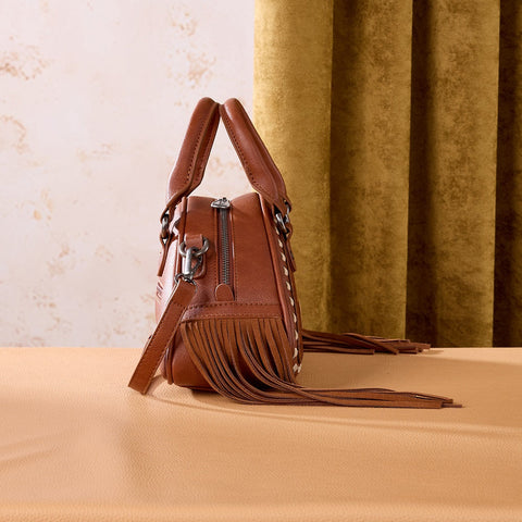 Montana West Tooled Floral Fringe Dome Satchel Bag