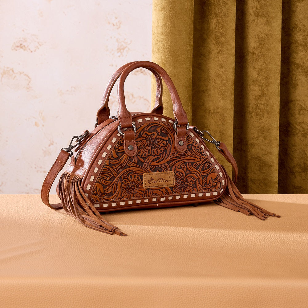 Montana West Tooled Floral Fringe Dome Satchel Bag