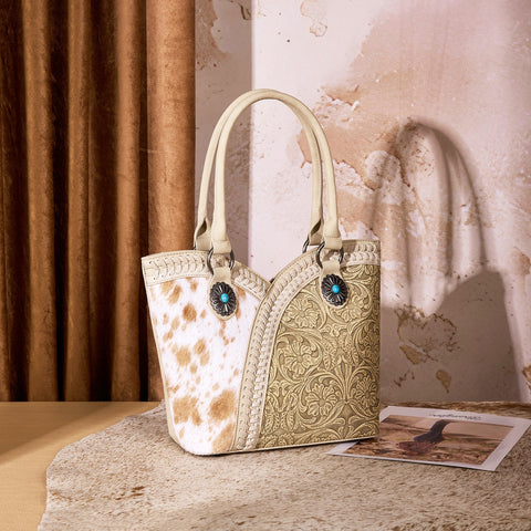 Montana West Tooled & Cowhide Whipstitch Tote Bag