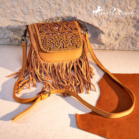 Montana West Genuine Leather Tooled Fringe Crossbody