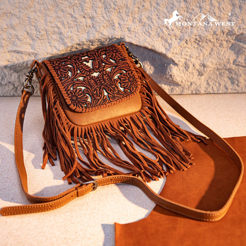 Montana West Genuine Leather Tooled Fringe Crossbody