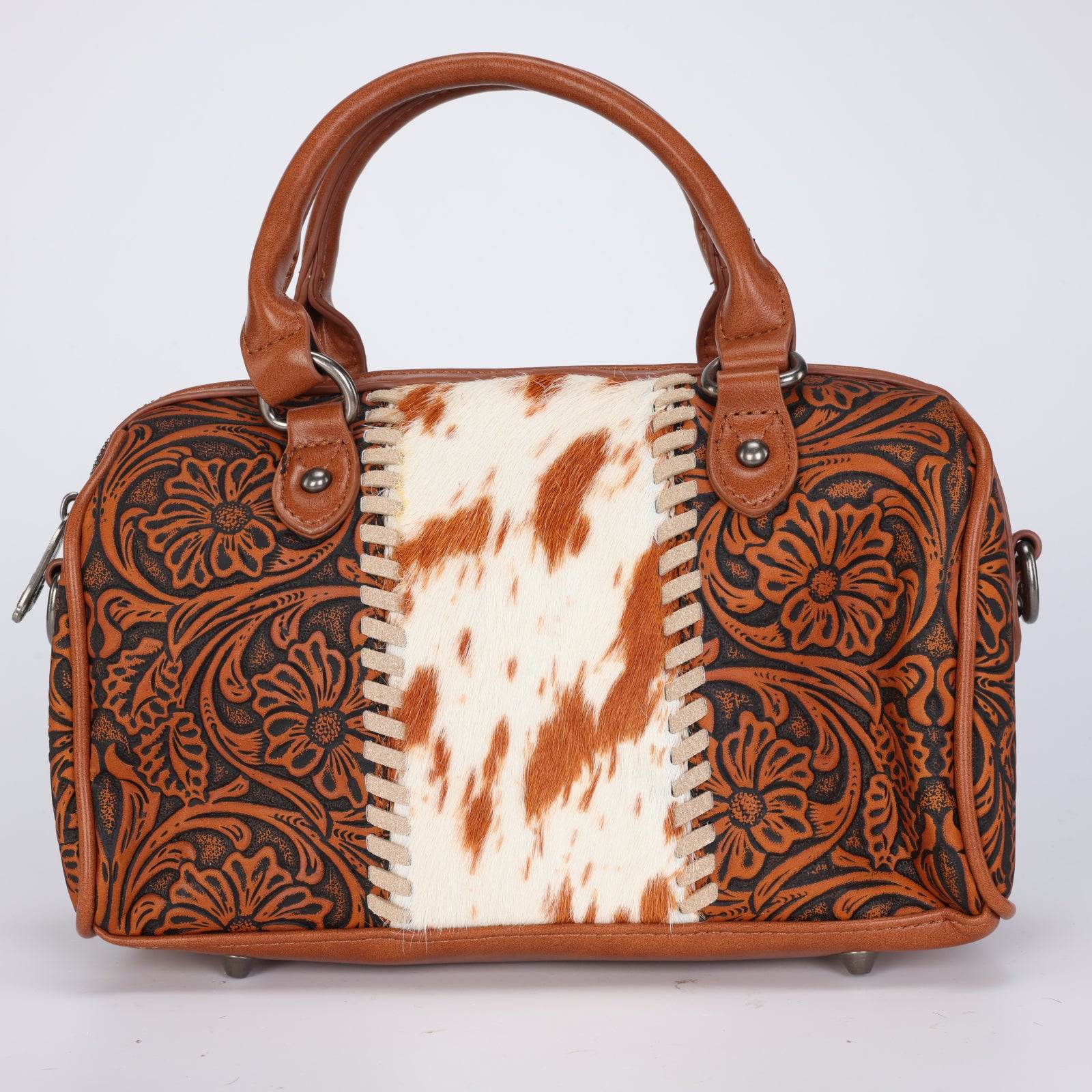 Western Floral Embossed Satchel with Spotted Panel & Whipstitch Trim