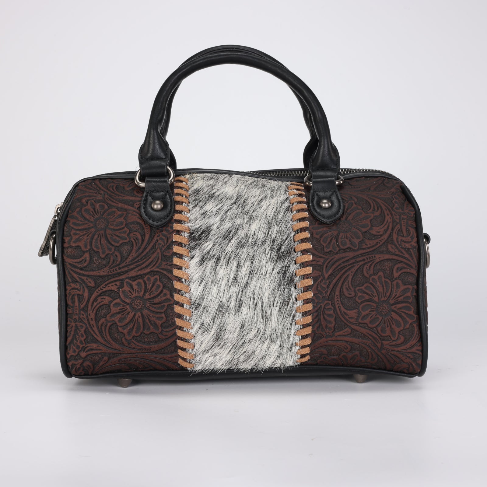 Western Floral Embossed Satchel with Spotted Panel & Whipstitch Trim