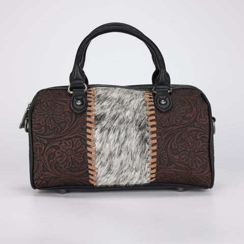 Western Floral Embossed Satchel with Spotted Panel & Whipstitch Trim