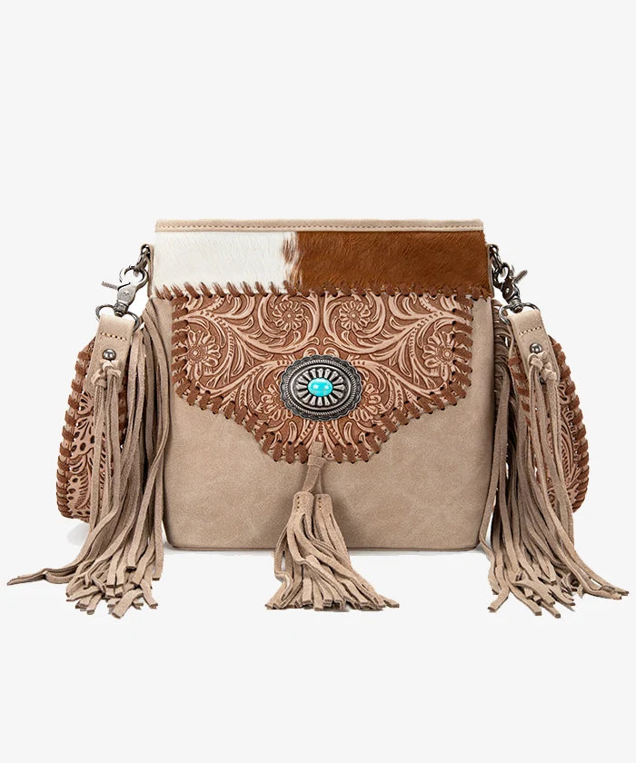 Montana West Women's Western Crossbody Bag – Genuine Leather Tooled Fringe Purse, Adjustable Strap, Small Cowgirl Style