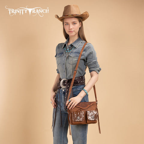 Trinity Ranch Genuine Hair-On Cowhide Tooled Collection Crossbody