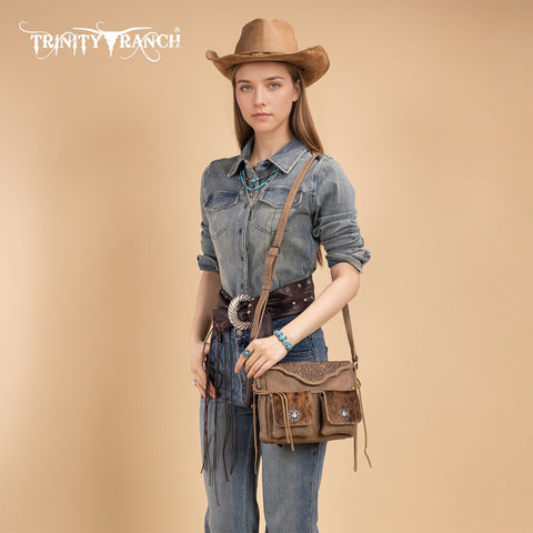Trinity Ranch Genuine Hair-On Cowhide Tooled Collection Crossbody