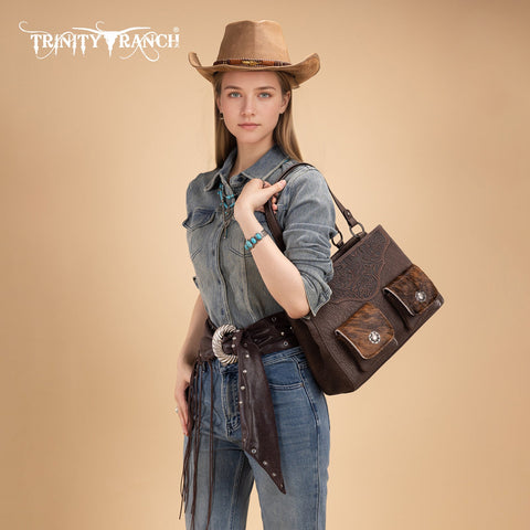 Trinity Ranch Genuine Hair-On Cowhide Tooled Collection Concealed Carry Tote