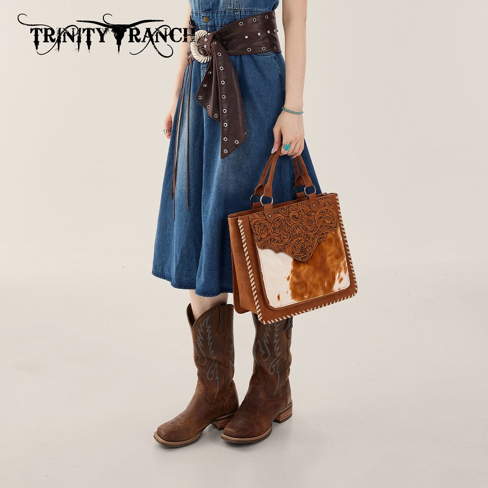 Trinity Ranch Cowhide Tooled Leather Tote Bag
