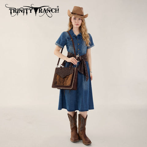 Trinity Ranch Cowhide Tooled Leather Tote Bag