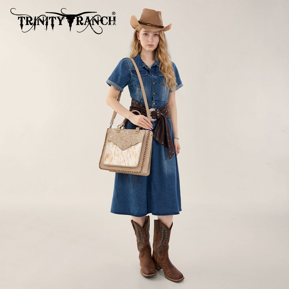 Trinity Ranch Cowhide Tooled Leather Tote Bag