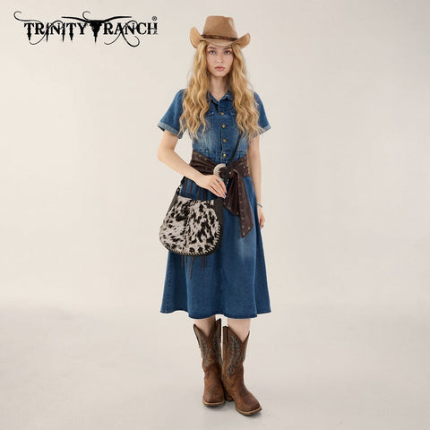 Trinity Ranch Cowhide ＆ Tooled Leather Hobo Crossbody Bag