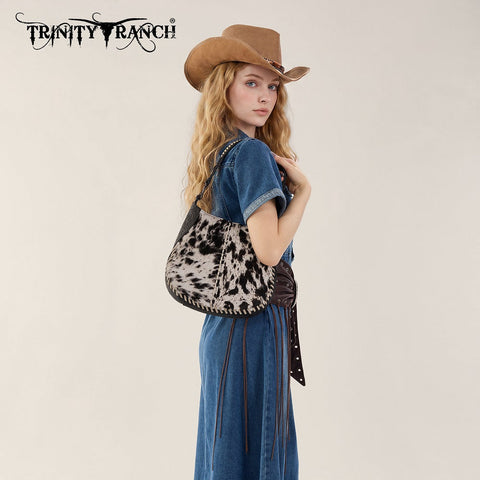 Trinity Ranch Cowhide ＆ Tooled Leather Hobo Crossbody Bag