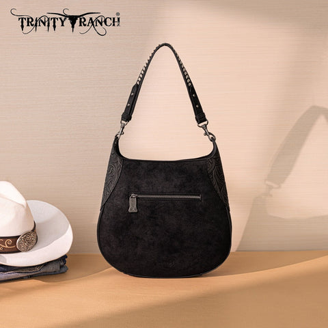Trinity Ranch Cowhide ＆ Tooled Leather Hobo Crossbody Bag