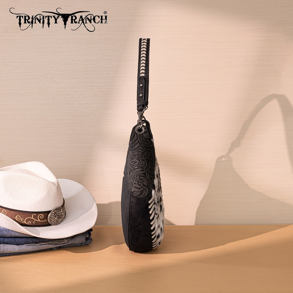 Trinity Ranch Cowhide ＆ Tooled Leather Hobo Crossbody Bag