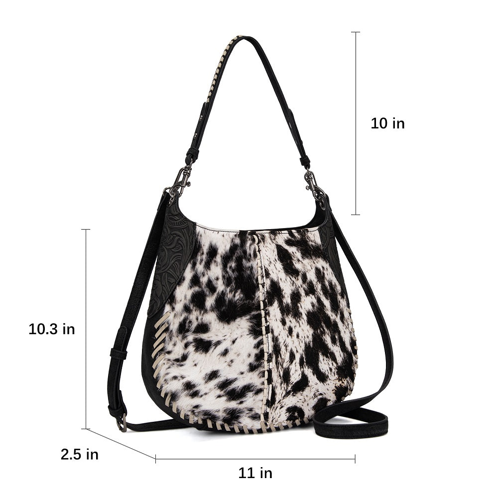Trinity Ranch Cowhide ＆ Tooled Leather Hobo Crossbody Bag