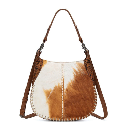 Trinity Ranch Cowhide ＆ Tooled Leather Hobo Crossbody Bag