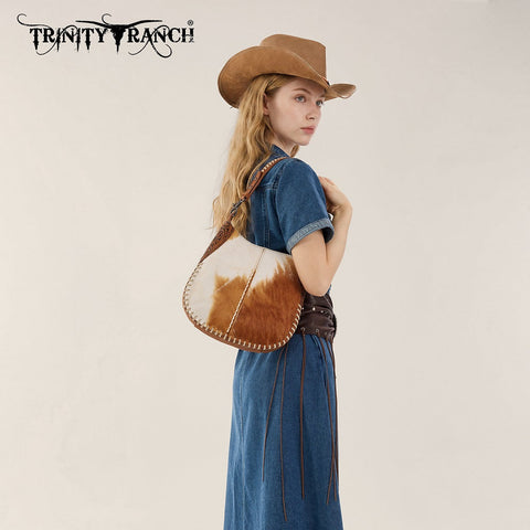 Trinity Ranch Cowhide ＆ Tooled Leather Hobo Crossbody Bag